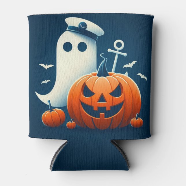 Cute, Nautical/coastal Halloween ghost/pumpkins Can Cooler (Front)