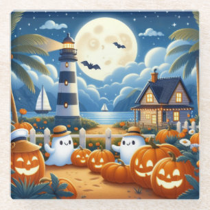 Cute, Nautical/coastal Halloween ghost/pumpkins Glass Coaster