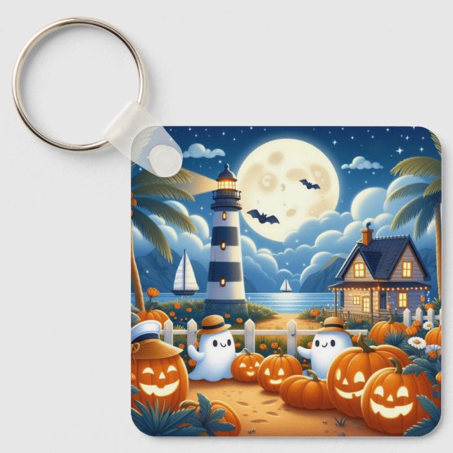 Cute, Nautical/coastal Halloween ghost/pumpkins Key Ring (Front)