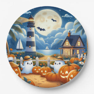 Cute, Nautical/coastal Halloween ghost/pumpkins Paper Plate