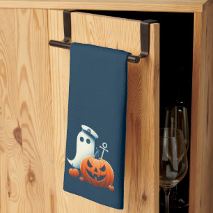Cute, Nautical/coastal Halloween ghost/pumpkins Tea Towel