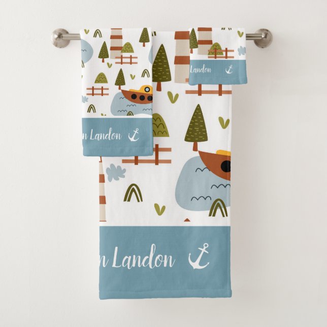 Cute Nautical Lighthouse and Boat Kid Pattern Bath Towel Set (Insitu)