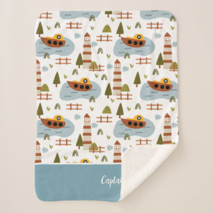 Cute Nautical Lighthouse and Boat Kid Pattern Sherpa Blanket