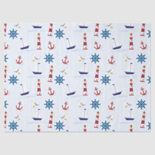 Cute Nautical Lighthouse Ship and Sea Gull Blue Tissue Paper