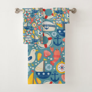 Cute Nautical Marine Sea Life Bath Towel Set