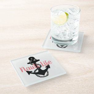 cute, nautical NAUTI LIFE script + anchor Glass Coaster