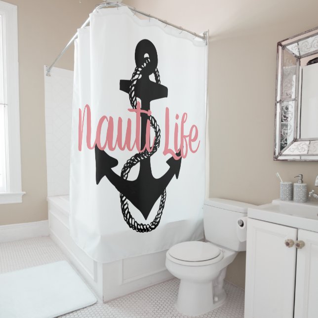 cute, nautical NAUTI LIFE script + anchor | Shower Curtain (In Situ)