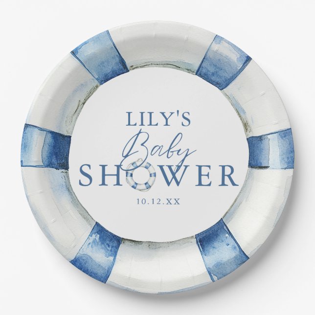 Cute Nautical Ocean Lifebuoy Baby Shower Paper Plate (Front)