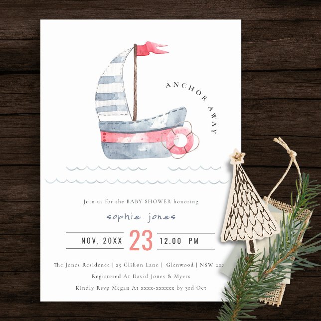 Cute Nautical Pastel Red Blue Sailboat Baby Shower Invitation (Creator Uploaded)