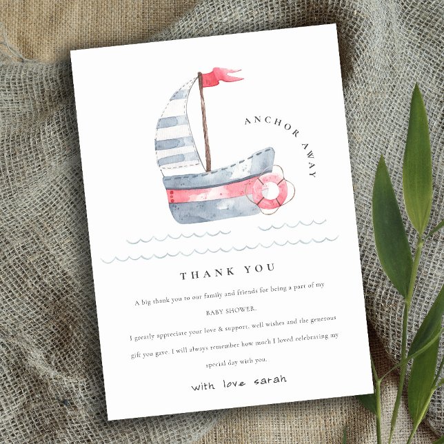 Cute Nautical Pastel Red Blue Sailboat Baby Shower Thank You Card (Creator Uploaded)