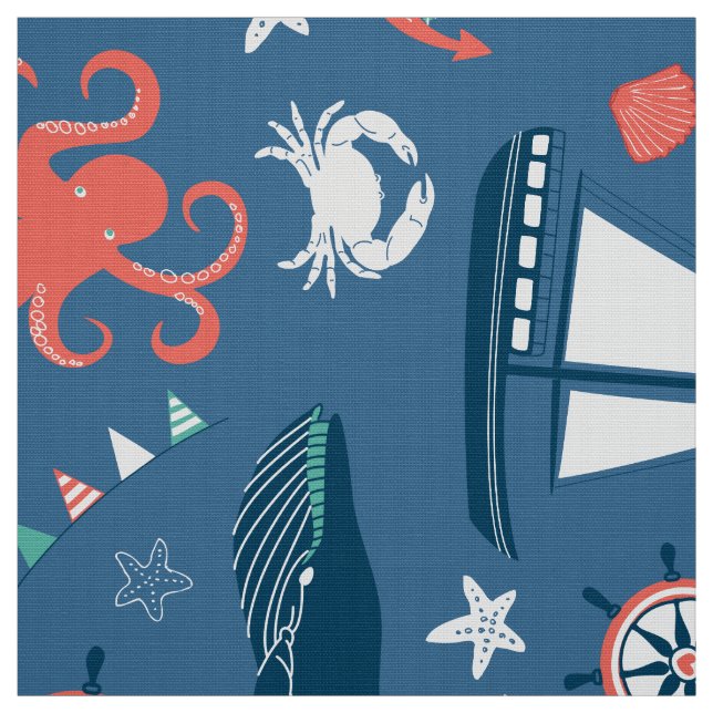 Cute Nautical Pattern Navy Blue Background Fabric (Swatch)