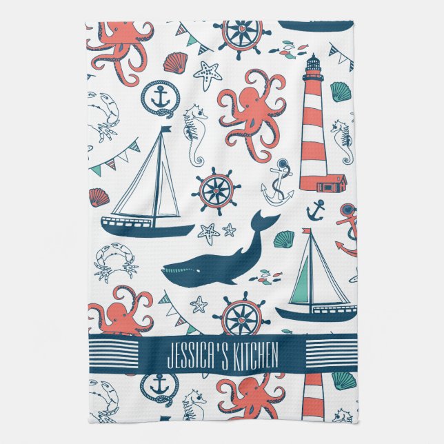 Cute Nautical Pattern White Background Tea Towel (Vertical)