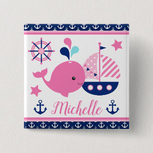 Cute Nautical Pink Whale and Anchors Pattern 15 Cm Square Badge