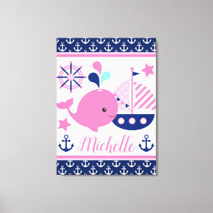 Cute Nautical Pink Whale and Anchors Pattern Canvas Print
