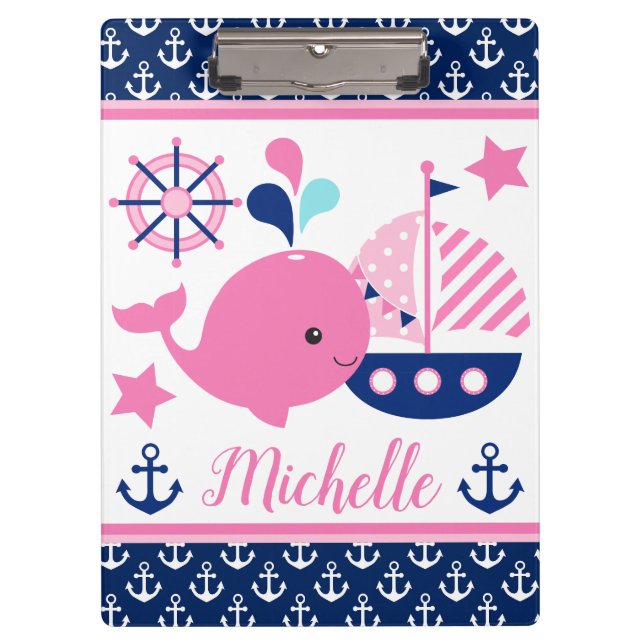 Cute Nautical Pink Whale and Anchors Pattern  Clipboard (Front)