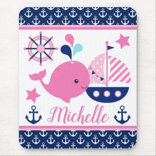 Cute Nautical Pink Whale and Anchors Pattern Mouse Pad
