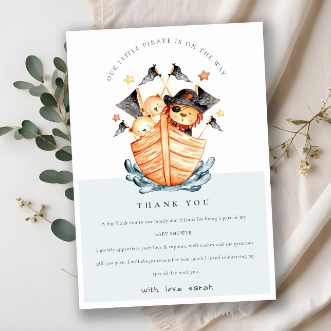 Cute Nautical Pirate Ship Lion Cub Baby Shower Thank You Card (Creator Uploaded)