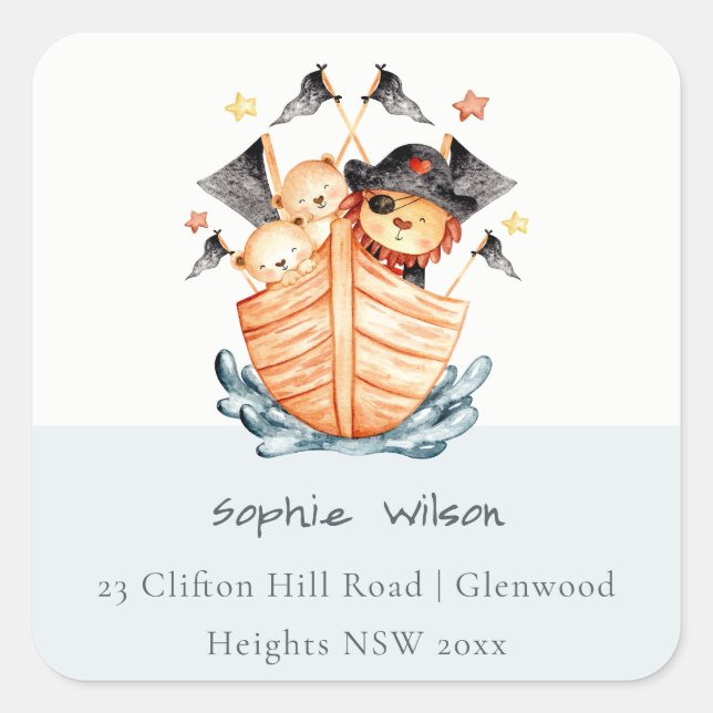 Cute Nautical Pirate Ship Lion Cub Kids Address Square Sticker (Front)