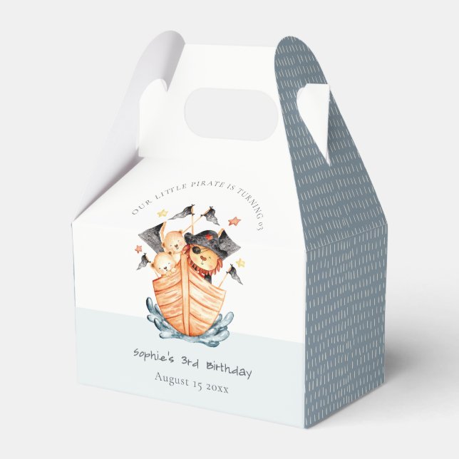 Cute Nautical Pirate Ship Lion Cub Kids Birthday Favour Box (Front Side)