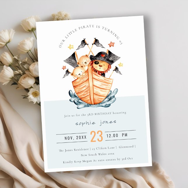 Cute Nautical Pirate Ship Lion Cub Kids Birthday Invitation (Creator Uploaded)