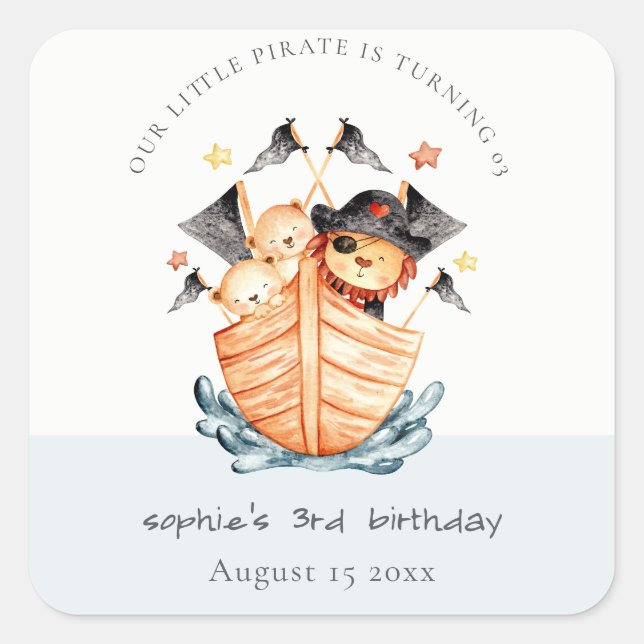 Cute Nautical Pirate Ship Lion Cub Kids Birthday Square Sticker (Front)