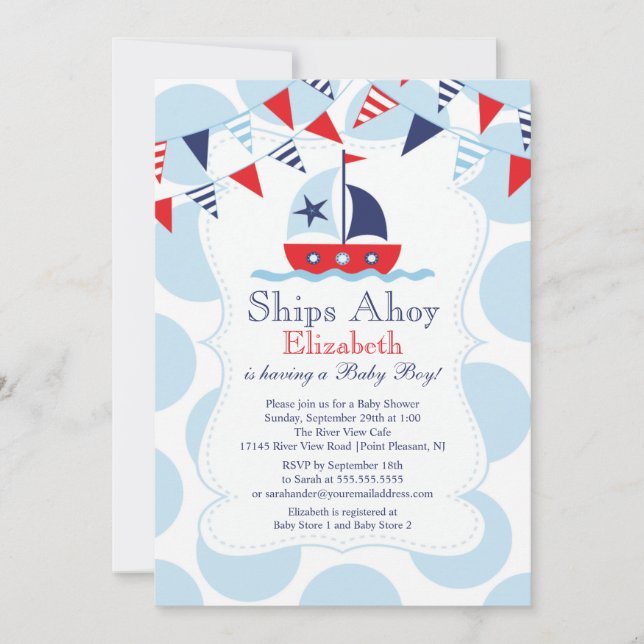 Cute Nautical Sailboat Boys Baby Shower Invitation (Front)
