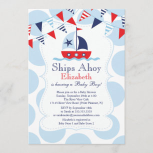 Cute Nautical Sailboat Boys Baby Shower Invitation