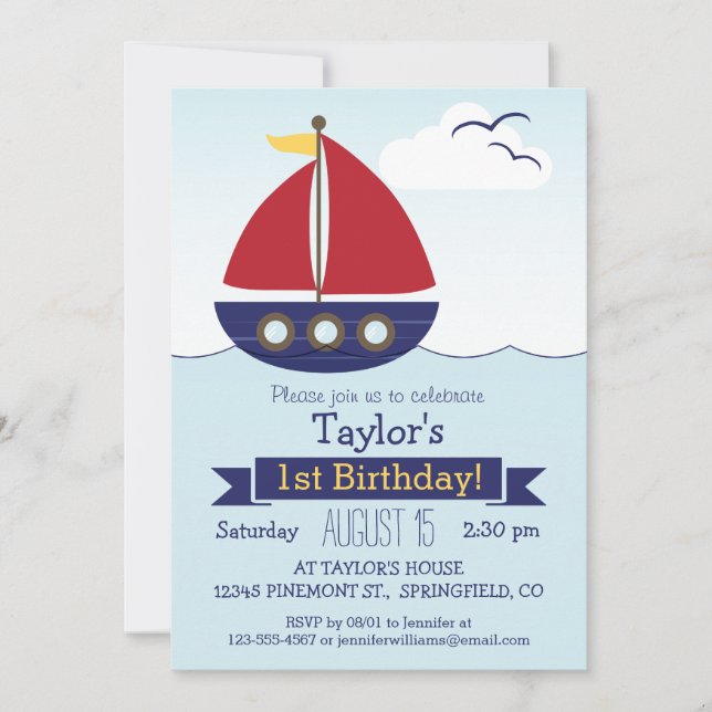 Cute Nautical Sailboat Kid's Birthday Party Invitation (Front)