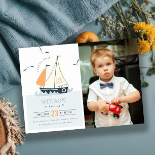 Cute Nautical Sailboat Kids Photo Birthday Invite