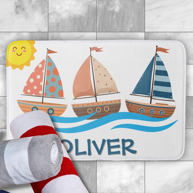Cute Nautical Sailboats Bath Mat (Creator Uploaded)