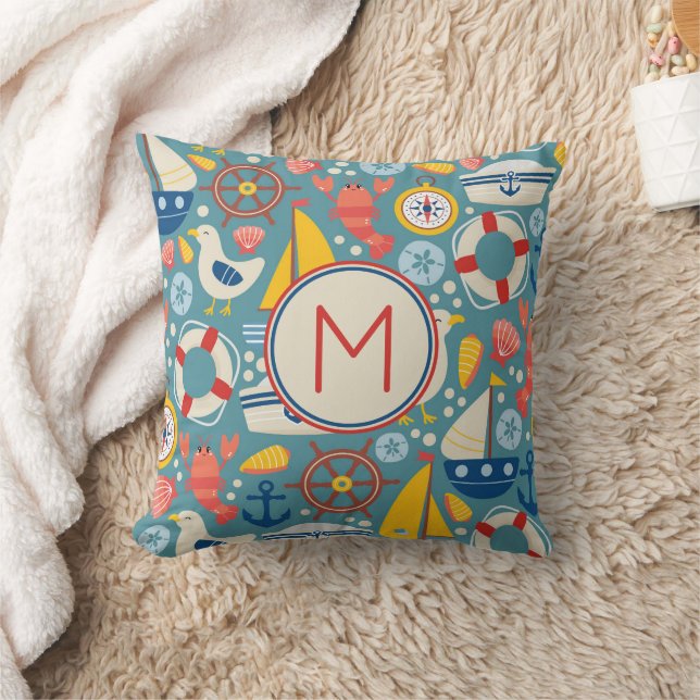 Cute Nautical Sea Life Monogram Cushion (Blanket)