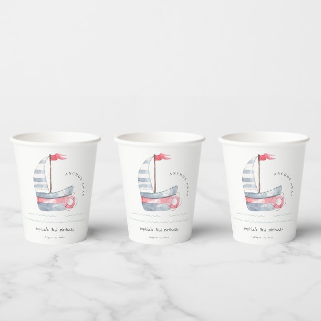Cute Nautical Soft Red Blue Sailboat Kids Birthday Paper Cups (Multi)