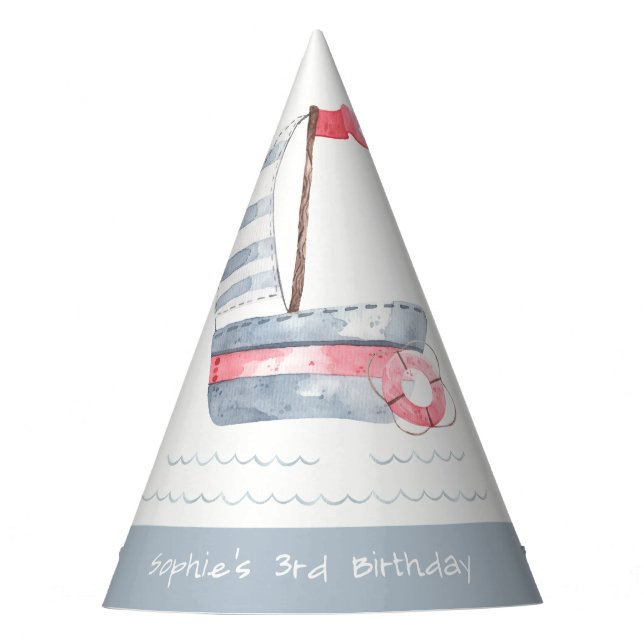Cute Nautical Soft Red Blue Sailboat Kids Birthday Party Hat (Front)