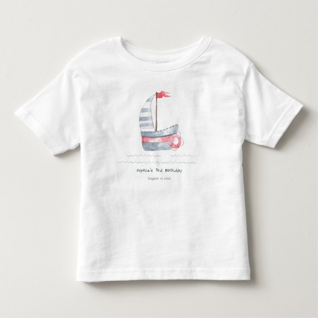 Cute Nautical Soft Red Blue Sailboat Kids Birthday Toddler T-Shirt (Front)