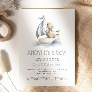 Cute Nautical Teddy Bear Boy Baby Shower Invitation