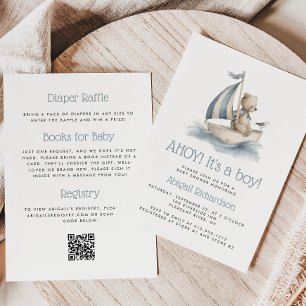 Cute Nautical Teddy Bear QR Code Boy Baby Shower Invitation