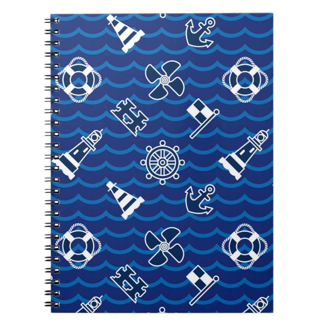 Cute Nautical Waves Pattern Spiral Notebook (Front)