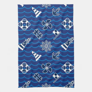 Cute Nautical Waves Pattern Tea Towel