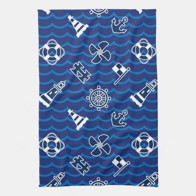 Cute Nautical Waves Pattern Tea Towel (Vertical)