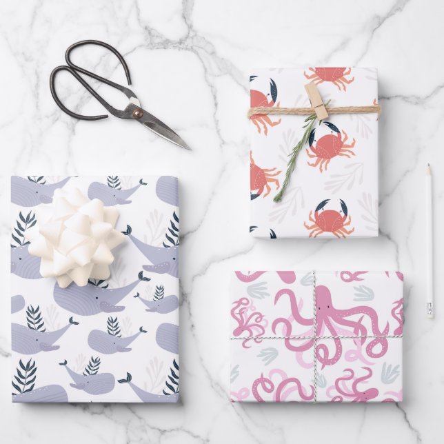 Cute Nautical Whale Crab Octopus Wrapping Paper Sheet (Front)
