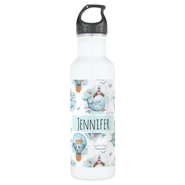 Cute Nautical Whales Watercolor Pattern 710 Ml Water Bottle (Front)