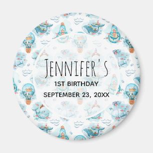 Cute Nautical Whales Watercolor Pattern Birthday Magnet
