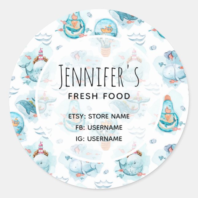 Cute Nautical Whales Watercolor Pattern Business Classic Round Sticker (Front)