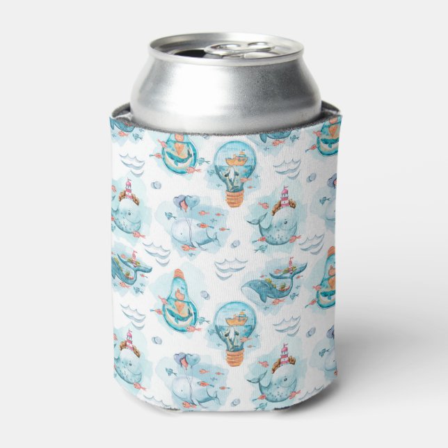 Cute Nautical Whales Watercolor Pattern Can Cooler (Can Front)
