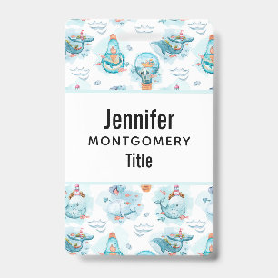 Cute Nautical Whales Watercolor Pattern ID Badge