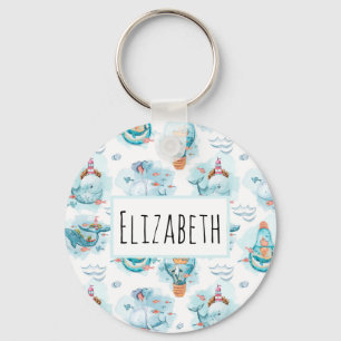 Cute Nautical Whales Watercolor Pattern Key Ring