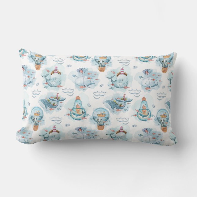 Cute Nautical Whales Watercolor Pattern Lumbar Cushion (Front)