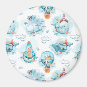 Cute Nautical Whales Watercolor Pattern Magnet