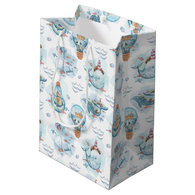 Cute Nautical Whales Watercolor Pattern Medium Gift Bag (Back Angled)