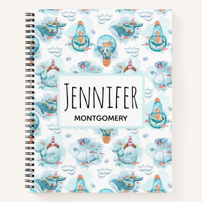 Cute Nautical Whales Watercolor Pattern Notebook (Front)